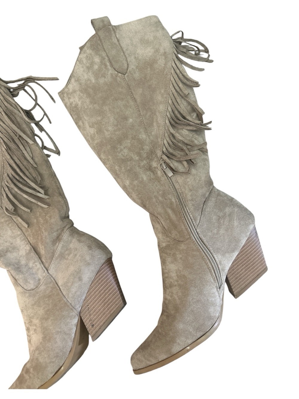 Fringe Suede Western Knee-High Boots - Taupe